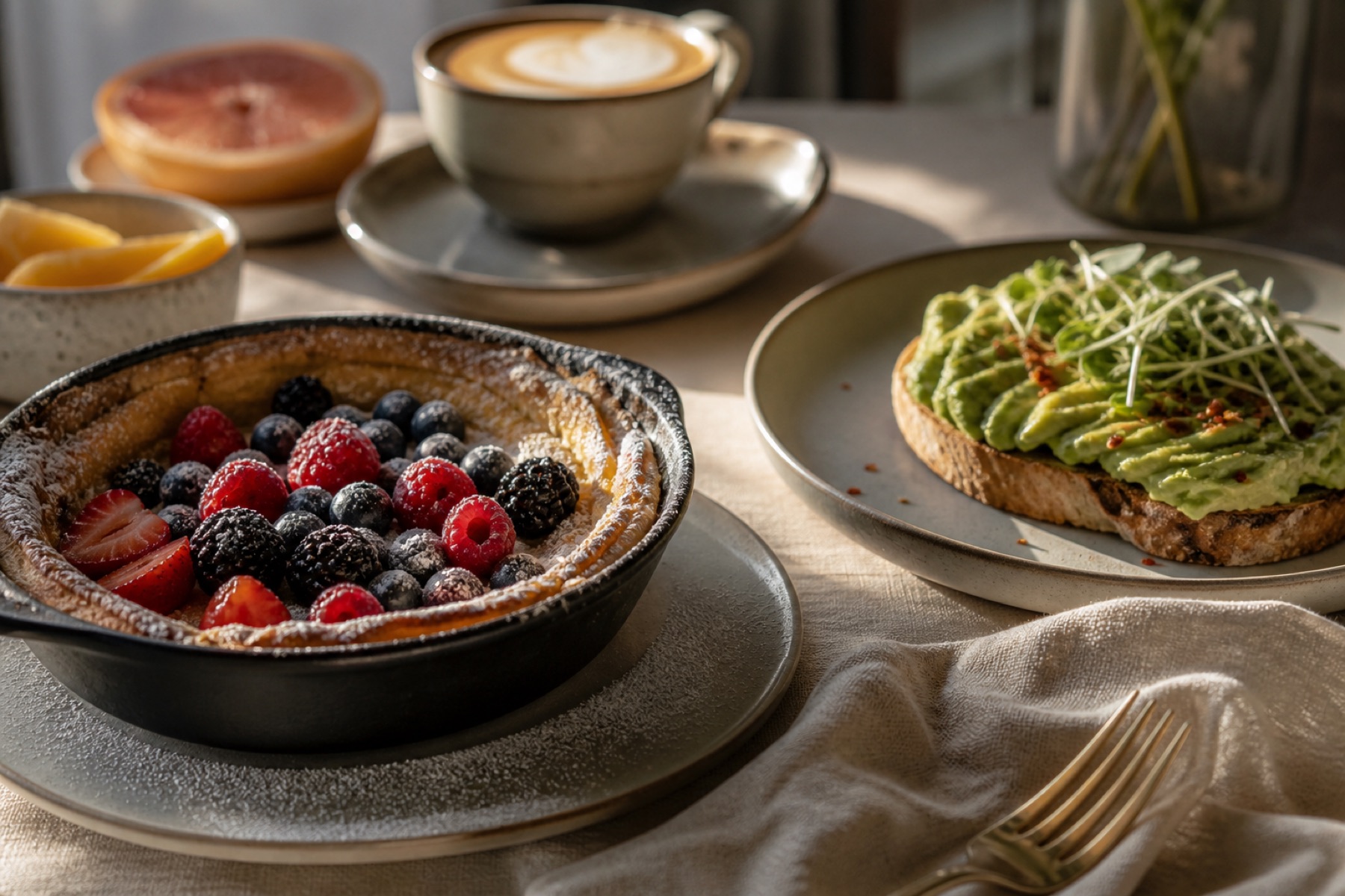 Dutch pancake with berries beside avocado toast and a cappuccino